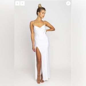 White cowl neck high slit slip dress. Engagement dress